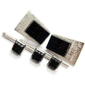 Black Checkered Brushed Cufflink & 3 Shirt Buttons Set Silver Tone Shirt